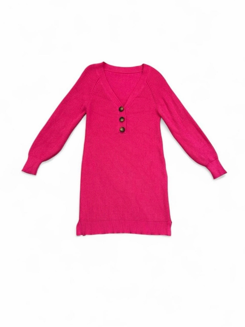 Long Sleeve V‑Neck Button Knit Dress in Hot Pink